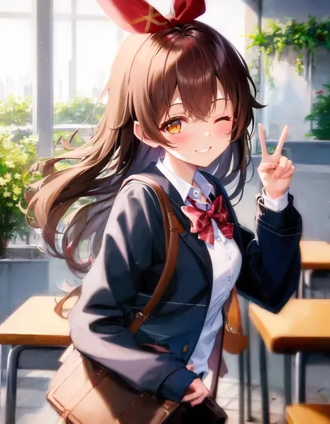 masterpiece, best quality, soft lighting, absurdres, looking at viewer, from front, blush, smile, solo, one eye closed, wink, double peace sign, v,
amber \(genshin impact\), brown eyes, brown hair, long hair, red hair ribbon, black serafuku, cardigan, school bag,
portrait, standing, cafe, tables, blackboard, depth of field, light particles, plants,