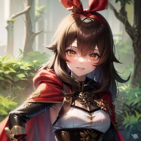 masterpiece, highres, best quality, 1girl, solo, amber \(genshin impact\), brown eyes, brown hair, long hair, red hair ribbon, portrait, looking at viewer, solo, (full body:0.6), detailed background, detailed face, hunter, light smile, dynamic pose, medieval fantasy setting, high fantasy, gray furred leather clothes, cape, hood, puch, straps, belt, serene forest, bushes, vines, roots, moss, ferns, (butterflies:0.9), feathers, wildlife, rain,