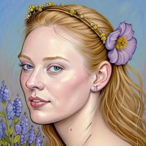 a painting of debannwoll with flowers in her hair, looking over her shoulder, an airbrush painting, inspired by Rebecca Guay, featured on Artstation, fantasy art, trading card fond, richard amsel, kristanna loken, highly detailed amour, grape hyacinth, amber and blue color scheme, air brush style <lora:debannwoll-os600:1>
