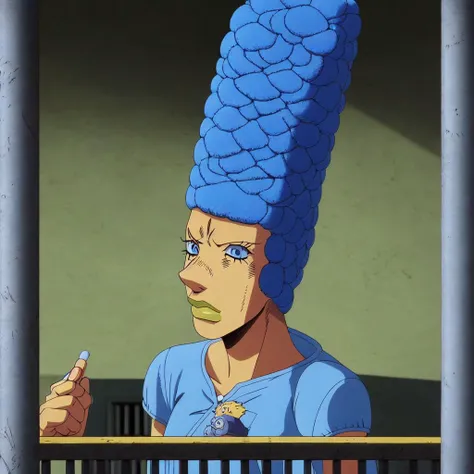 Marge Simpson in jail, Very detailed, clean, high quality, sharp image, text,, Naoto Hattori