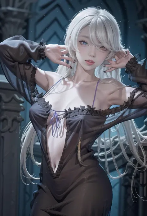 black nightgown, see-through, 1girl, breasts, long hair, solo, heterochromia, white hair, large breasts, looking at viewer, purple eyes, collarbone, navel, bangs, red eyes, very long hair, arms up, armpits, hair between eyes, pale skin, parted lips,, cowboy shot, black nails, arms behind head, long sleeves, crossed bangs, blue ribbon, closed mouth, <lora:LilaBlackNightgownV1:1>