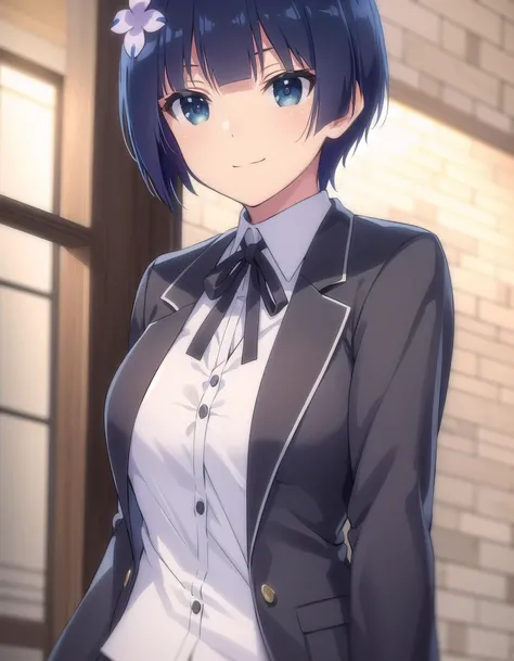 skyozakura, <lora:sk yozakura s1-lora-nochekaiser:1>,
yozakura, short hair, blue eyes, hair ornament, blue hair, hair flower,
BREAK shirt, long sleeves, ribbon, school uniform, jacket, white shirt, black ribbon, neck ribbon, buttons, grey jacket,
BREAK indoors, classroom,
BREAK looking at viewer, (cowboy shot:1.5), smile,
BREAK <lyco:GoodHands-beta2:1>, (masterpiece:1.2), best quality, high resolution, unity 8k wallpaper, (illustration:0.8), (beautiful detailed eyes:1.6), extremely detailed face, perfect lighting, extremely detailed CG, (perfect hands, perfect anatomy),