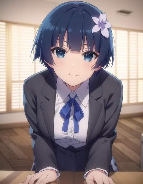 skyozakura, <lora:sk yozakura s1-lora-nochekaiser:1>,
yozakura, short hair, blue eyes, hair ornament, blue hair, hair flower,
BREAK shirt, long sleeves, ribbon, school uniform, jacket, white shirt, black ribbon, neck ribbon, buttons, grey jacket,
BREAK indoors, classroom,
BREAK looking at viewer, (cowboy shot:1.5), smile,
BREAK <lyco:GoodHands-beta2:1>, (masterpiece:1.2), best quality, high resolution, unity 8k wallpaper, (illustration:0.8), (beautiful detailed eyes:1.6), extremely detailed face, perfect lighting, extremely detailed CG, (perfect hands, perfect anatomy),