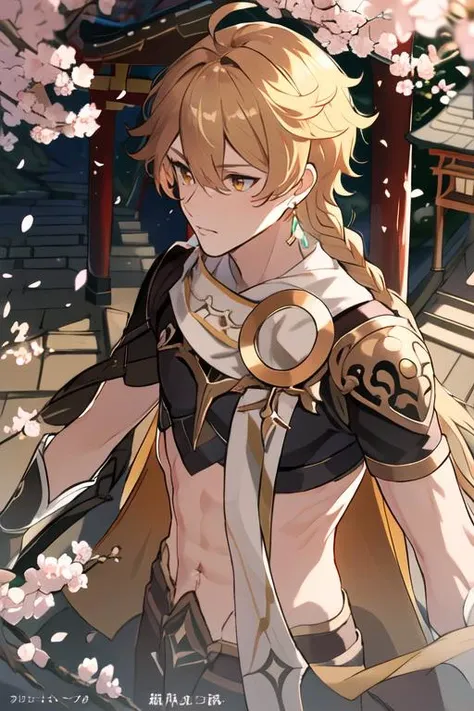 <lora:Aether:1>, masterpiece, best quality, ultra-detailed, ultra-high contrast, intricate details, best shadow, dynamic angle, aether \(genshin impact)\, 1boy, torii gate, sakura petals, stairs, beautiful scenery, japan, earrings, short sleeves, midriff, navel, scarf, single braid , jewelry