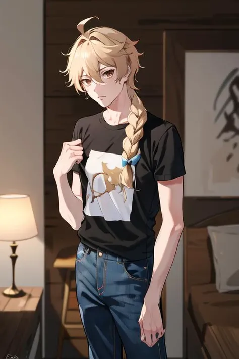 <lora:Aether:1>, masterpiece, best quality, soft lighting, absurdres, aether \(genshin impact\)1boy, male focus, solo, looking at viewer, tshirt, jeans, modern, bedroom, cool, relaxed, single braid