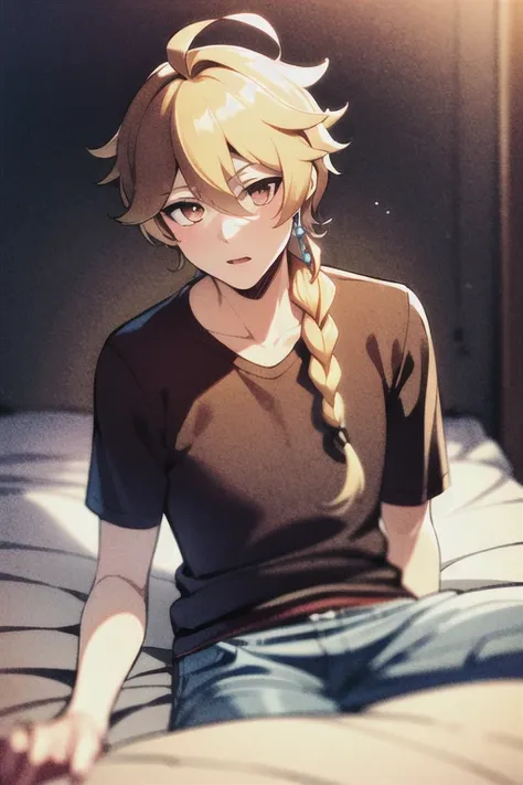 masterpiece, best quality, soft lighting, absurdres, aether \(genshin impact\)1boy, male focus, solo, looking at viewer, tshirt, jeans, modern, bedroom, cool, relaxed, single braid, braids, <lora:Aether:0.8>