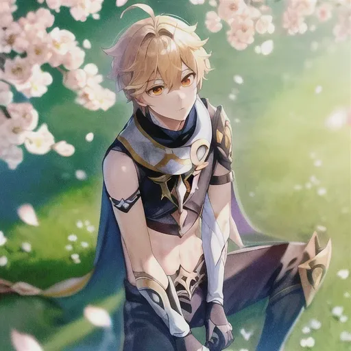 Masterpiece, best quality,  aether \(genshin impact\), 1boy, black gloves, black pants, black shirt, cape, crop top, falling petals, gloves, male focus, midriff, navel, orange cape, outdoors, pants, petals, shirt, sitting, solo,  <lora:Aether:1>