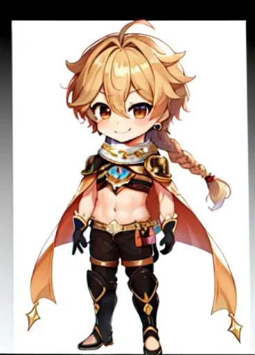 (white background:1.3),best quality,materpiece,1 boy,solo,cape, earrings, jewelry, gloves, midriff, navel, scarf, braid, single braid,cute,standing,full body,6 years old,chibi,smile, <lora:Aether:1>