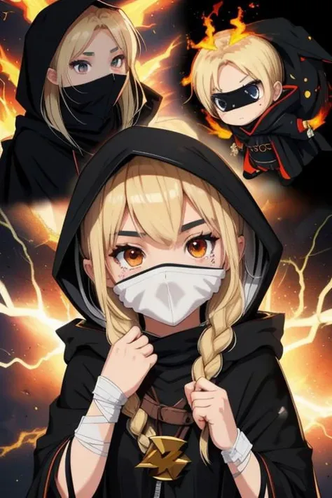 (Blonde, Mage girl, warrior, black clothes, hooded cloak, face covered with a bandage, only eyes visible, fiery background, cracked earth, lightning, chibi.chibi ), earth, art