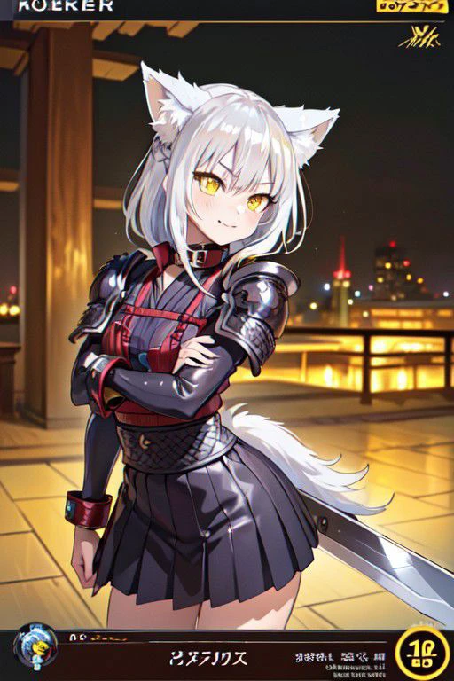 (masterpiece:1.2), (best quality:1.2), perfect lighting, beautiful, <lora:add_detail:0.5>, RAW, analog, Canon 85 mm, award winning glamour photograph, ((hyperrealistic)), fine details, 8k, uhd, extremely detailed body, (extremely detailed skin:1.2), clear, (professional lighting), highres, high detail, sharp focus, aesthetic, extremely detailed, max detail, natural skin texture, elegant, sharp focus, natural lights, HDR, high quality, (front view, standing, model posing:1.4), Breathtaking Fantasycore Artwork, Intricate Photography,(Masterpiece, best quality, 8K, high res, ultra-detailed,no humans, ultra-detailed, fine detailed, highly detailed, intricate, highly detailed, ultra-detailed, scenery,((((masterpiece)))), high quality, very_high_resolution, large_filesize, full color, high detailed, high detailed, masterpiece, sharp focus, best quality, place, scenery, nice scenery, detailed background, nice background, 8k), best quality, ultra detailed, 1girl, looking at viewer, cat girl, neko girl, (yellow eyes:1.5) , (silver hair:1.6), cat ears, cat tail, depth of field, petite, little, pointed fangs, playful grin showing fangs, high urban fantasy, depth of field, action shot, Samurai armor, riding skateboard, katana, check the prompts for ideas, fcNeg, NinjaT, ninja girl, fishnets, collar, leash, pet play, paw pose,