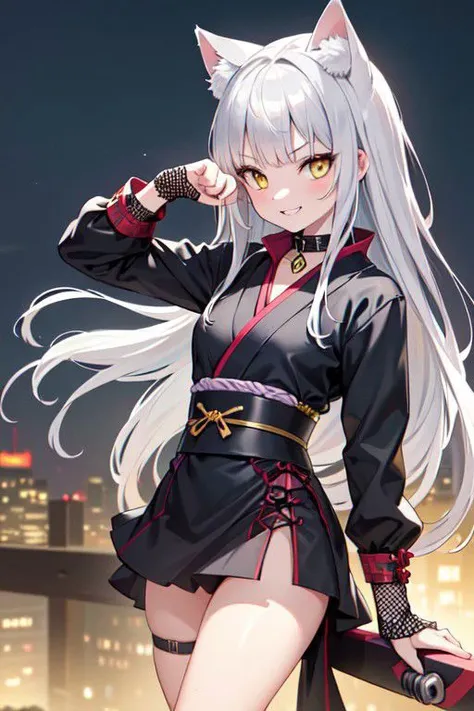 (masterpiece:1.2), (best quality:1.2), perfect lighting, beautiful, <lora:add_detail:0.5>, RAW, analog, Canon 85 mm, award winning glamour photograph, ((hyperrealistic)), fine details, 8k, uhd, extremely detailed body, (extremely detailed skin:1.2), clear, (professional lighting), highres, high detail, sharp focus, aesthetic, extremely detailed, max detail, natural skin texture, elegant, sharp focus, natural lights, HDR, high quality, (front view, standing, model posing:1.4), Breathtaking Fantasycore Artwork, Intricate Photography,(Masterpiece, best quality, 8K, high res, ultra-detailed,no humans, ultra-detailed, fine detailed, highly detailed, intricate, highly detailed, ultra-detailed, scenery,((((masterpiece)))), high quality, very_high_resolution, large_filesize, full color, high detailed, high detailed, masterpiece, sharp focus, best quality, place, scenery, nice scenery, detailed background, nice background, 8k), best quality, ultra detailed, 1girl, looking at viewer, cat girl, neko girl, (yellow eyes:1.5) , (silver hair:1.6), cat ears, cat tail, depth of field, petite, little, pointed fangs, playful grin showing fangs, high urban fantasy, depth of field, action shot, Samurai armor, riding skateboard, katana, check the prompts for ideas, fcNeg, NinjaT, ninja girl, fishnets, collar, leash, pet play, paw pose, spread legs, lying, on back