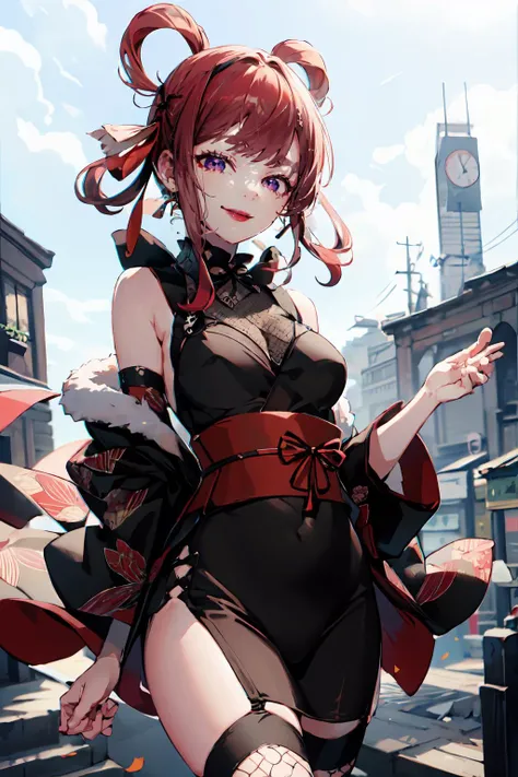 <lora:NinjaT:0.85> NinjaT, fishnets, mask on head, kimono,, ultra detailed, masterpiece, best quality, aesthetic, detailed,, solo, seductive smile, red lips,
1girl, purple eyes, red hair, blunt bangs, medium breasts, <lora:hair_rings:1> low hair rings, <lora:EllaNyan:1>,