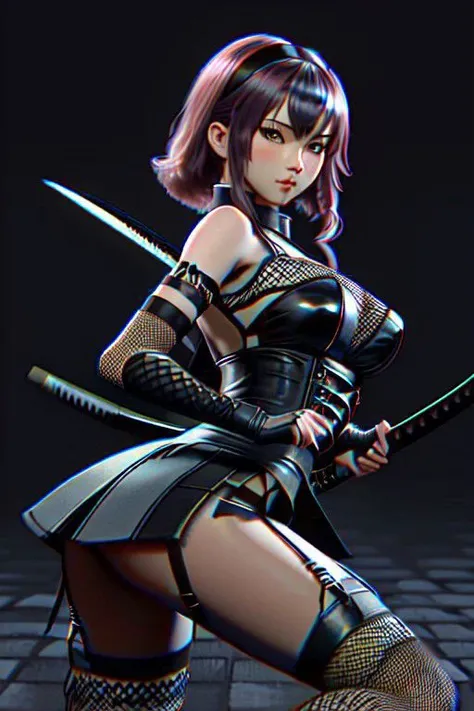 NinjaT, ninja girl, fishnets, garter straps, garter straps, kunoichi, blurred background, seductive pose