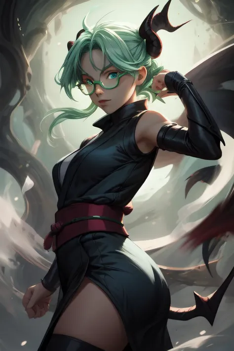 splash art of a kunoichi, by Atsushi Ohkubo, (best quality:1.2), (masterpiece:1.2), award winning, perfect lighting, backlighting, looking towards viewer, glasses, devil horns, devil tail, mint green hair, blue eyes,  
 <lora:add_detail:0.8> <lora:NinjaT:0.8> NinjaT