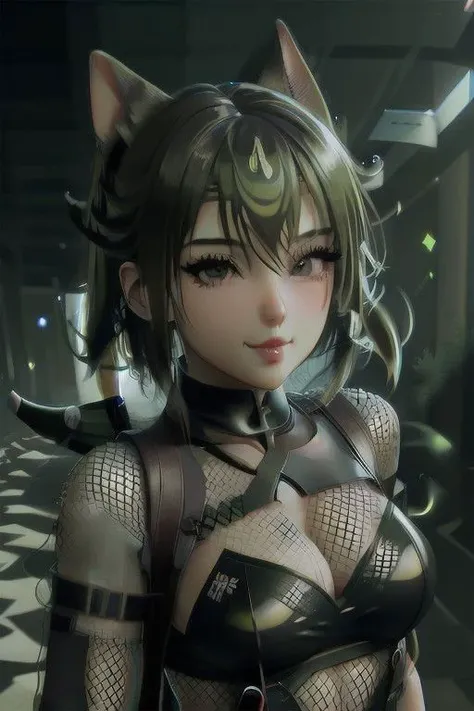 NinjaT, ninja girl, bodysuit, fishnet, see-through, thighhighs, kunoichi, blurred background, seductive pose, wink, face fix, eye fix