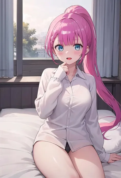 illustration, cartoon, soothing tones, calm colors, masterpiece, best quality, absurdres, outdoors,  <lora:MafuyuV1:0.8> Mafuyu, blue eyes, red hair, long hair, ponytail, bangs, braid, shiny hair, large breasts, thighs, 
looking at viewer, white shirt, lying, long sleeves, open mouth, hand on own face, naked shirt, bangs, pillow, hair intakes, smile, on back, blush, open shirt, open clothes, sleeves past wrists, collared shirt, on bed, tongue, soothing tones, insane details, intricate details, hyperdetailed, low contrast, soft cinematic light, dim colors, exposure blend, hdr, faded, slate gray atmosphere