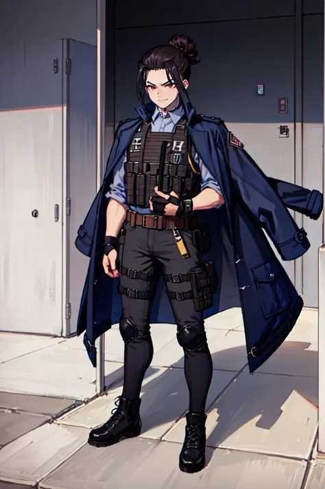 <lora:cromachina:1>, ultra detailed, masterpiece, best quality, aesthetic, detailed,, solo, smug smile, 1boy, red eyes, <lora:Tsurime3:0.7>, (tsurime:1.2), black hair, undercut, top knot, parted bangs, long bangs, bangs, short hair, hair intakes, tall,, <lora:StS-Coat-and-Jacket-On-Shoulders-Iteration2:0.7> dataset, jacket on shoulders, (coat on shoulders:1.3), black coat, dress shirt, sleeves rolled up, fingerless gloves, holster, pants, belt, multiple belts, combat boots, bulletproof vest, tactical clothes,