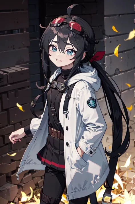 <lora:cromachina:1>, ultra detailed, masterpiece, best quality, aesthetic, detailed,, solo, soft smile, light smile, 1girl, aqua eyes, black hair, <lora:low_ponytail-1.0:0.95> low ponytail, ahoge, absurdly long hair, very long hair, hair flaps, hair between eyes, bangs, messy hair, small breasts, (goggles on head:1.2),, hooded coat, open coat, turtleneck, pants, black knee boots, multiple straps, white coat, layered clothes, hair ribbon, pants under skirt,