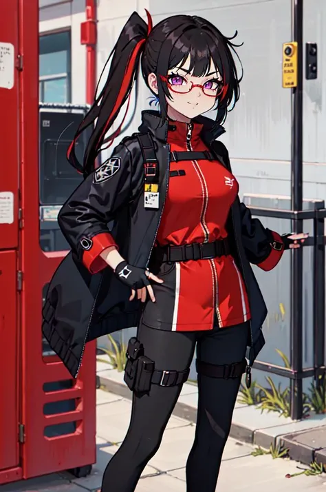 <lora:cromachina:1>, ultra detailed, masterpiece, best quality, aesthetic, detailed,, solo, smug smile, 1girl, purple eyes, red-framed eyewear, (black hair, red colored tips:1.2), red streaked hair, very long hair, side ponytail, tied hair, medium breasts,, <lora:StS-Coat-and-Jacket-On-Shoulders-Iteration2:0.7> dataset, jacket on shoulders, coat on shoulders, red dress, sleeves rolled up, fingerless gloves, holster, belt, multiple belts, combat boots, bulletproof vest, pants, black coat, tactical clothes,