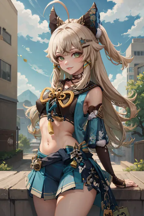 (masterpiece, best quality:1.2), <lyco:genshinimpact_kirara-08:1.0>, solo, 1girl, kirara, smile, looking at viewer, arms behind back, ahoge, hair ornament, animal ears, detached sleeves, blue miniskirt, (gloves:1.1), tassel, midriff