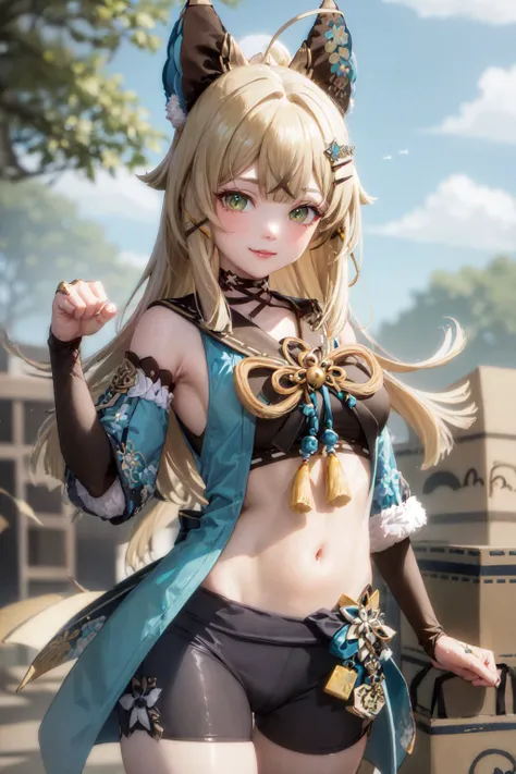 (masterpiece, best quality:1.2), <lyco:genshinimpact_kirara-08:1.0>, cowboy shot, solo, 1girl, kirara, smile, looking at viewer, (paw pose:1.1), ahoge, hair ornament, animal ears, detached sleeves, bike shorts, (gloves:1.1), tassel, midriff