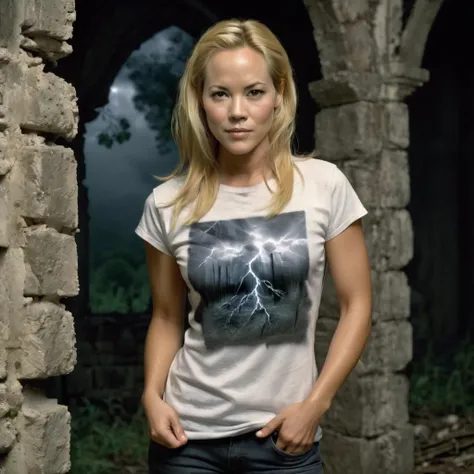 <lora:mariabello_sdxl:1> mariabello, a beautiful woman, beautiful bone structure, in a (ruin), in the woods, spooky, wearing a (t-shirt:1.1), (thunderstorm:1.2), (realistic, photo-realistic:1.37), ultra high res, ultra-detailed, incredibly beautiful girl, 8k uhd, dslr, soft lighting, high quality, film grain, Fujifilm XT3