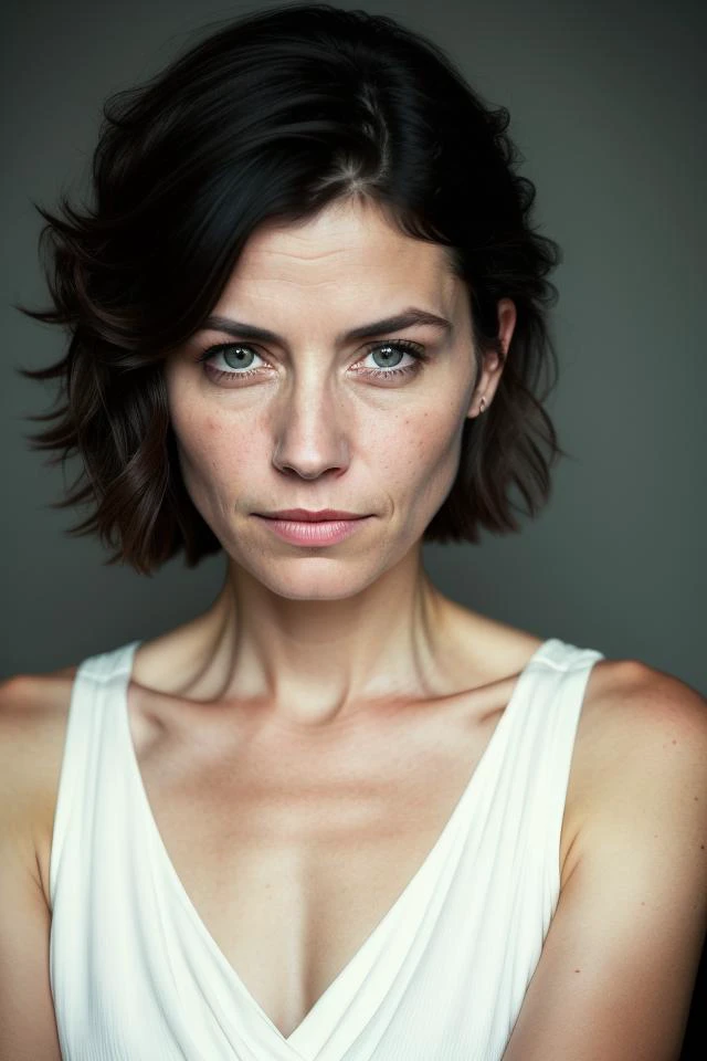a high definition lowkey poignant portrait of a heartfelt 42 yo woman with a thoughtful gaze, (a top-fade hairstyle), keen eye, exciting female shapes in revealing clothes, chiaroscuro, ((veraciously changeable notable finest skin details)), (high fidelity softly shading, intricate, clustered, focused)