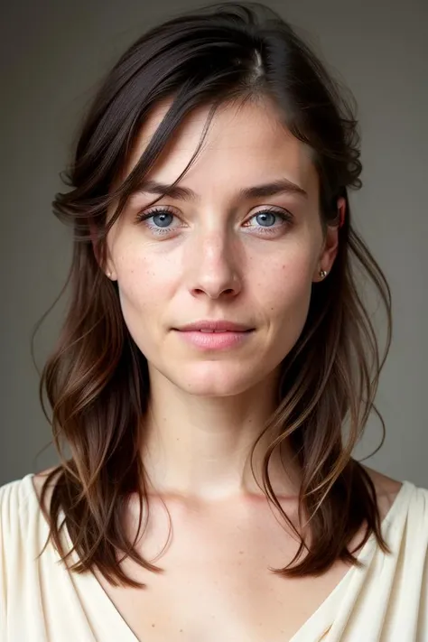 a prof portrait of a charming northern 32yo woman looking sideways with gentle head tilt, enhanced femininity, boho chic, dark theme, soothing tones, muted colors, (excessively defined variated skin texture, hyperrealistic, diffused light), clustered, authentic eye iris, (normal exposure:1.4), upvoted