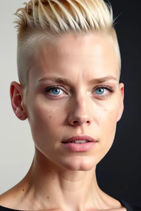 a three-quarter view of a 42yo blond woman looking sideway with hi-top fade, enhanced femininity, dark theme, soothing tones, muted colors, (excessively defined variated skin texture, hyperrealistic, diffused light), clustered, authentic eye iris, (normal exposure:1.4), upvoted