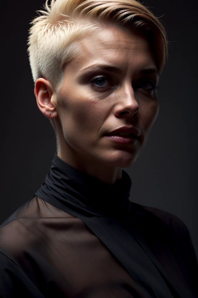 a prof photo of a lively 42yo woman looking sideways with gentle head tilt, hi-top fade blonde, enhanced femininity, (dark theme:1.3), soothing tones, muted colors, (excessively defined variated skin texture, hyperrealistic, diffused light), clustered, upvoted