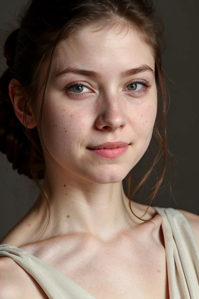 a high definition studio photography, high fidelity closeup portrait of a young ❣️ pale female ((averts her gaze)) with a mischievous smirk and a look away, finest skin details emphasized by harsh lit, realest soft shadowing, focused, loose dress, femininity in motion