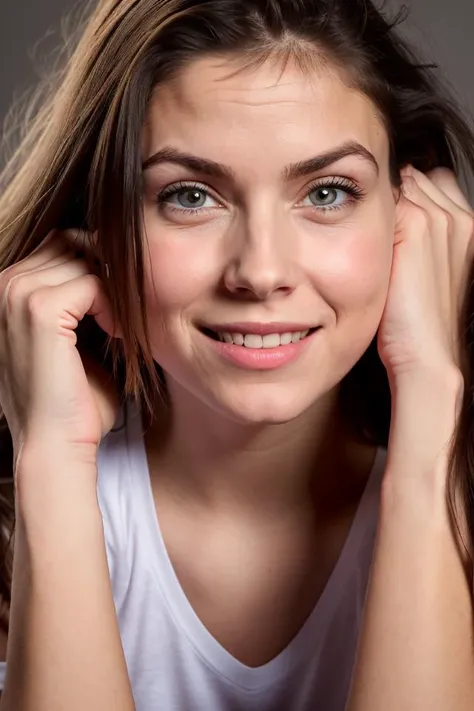 a high definition three point lit studio photograph, high fidelity face centered closeup shot depict a juicy girl in tshirt ((averts her gaze)) with a mischievous smirk and a look away, finest skin details accentuated by accent lighting, face awareness, realest soft shadowing, sharp focus, effortless femininity