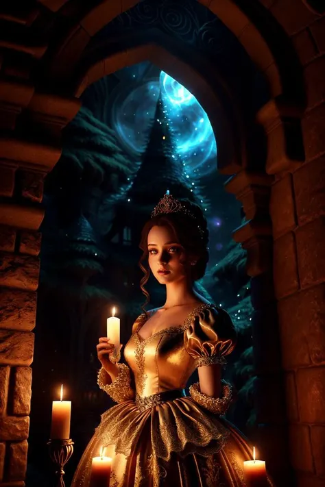 mystical kingdom backdrop, skilled characterdesign, closeup, sophisticated composition, facial awareness, an expensive digitalart featuring a gorgeous lady in a dress with a puffed skirt immersed in an intricate fairy tale setting, (candlelight:1.2), 🌌, onceuponatime, raytracing, hdr, upvoted, a high definition visualization