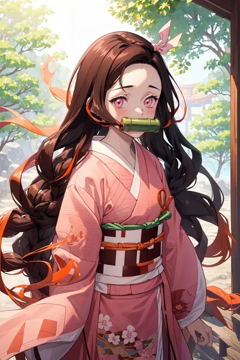 (((masterpiece))), nezuko, 1girl, blush, happy, bamboo, bit gag, brown hair, checkered sash, gag, gagged, gradient hair, hair ribbon, haori, japanese clothes, kimono, long hair, looking at viewer, multicolored hair, orange hair, pink eyes, pink kimono, pink ribbon, ribbon, solo, upper body, <lora:nezuko-05:0.7>