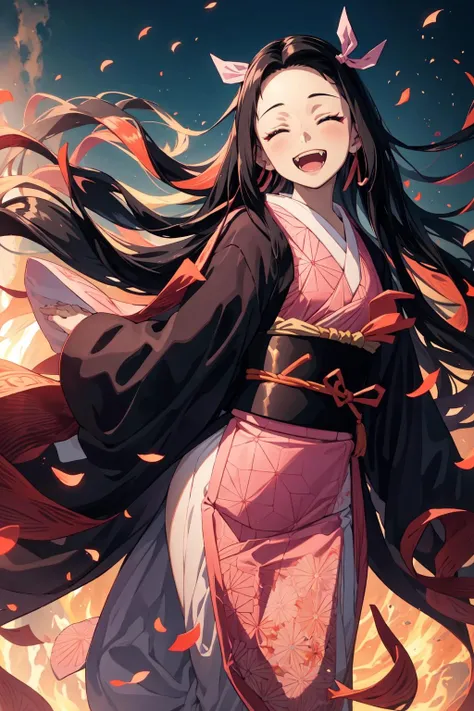 anime, hdr, soft light, ((best quality)), ((masterpiece)), (detailed), nezuko, black hair, forehead, open mouth smiling, eyes closed big fangs, very long hair, hair ribbon, japanese clothes, pink kimono, multicolored hair, pink ribbon, cleavage, standing, destruction, sparks, <lora:nezuko-05:0.7>