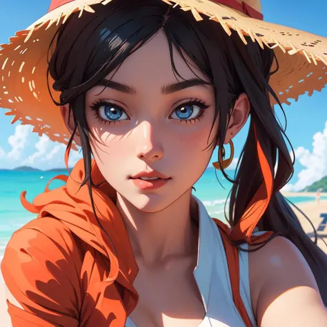 a woman in a bikini and a straw hat on the beach, trending on cgsociety art, photorealistic human goku, colorful coral, portrait of female korean idol, photorealistic!!!!, inspired by Susy Pilgrim Waters, trending on artstaion, hypperrealistic 3 d sculpture, colorful coctail, 1 9 9 0 s anime, mingchen shen