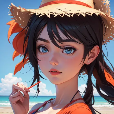 a woman in a bikini and a straw hat on the beach, trending on cgsociety art, photorealistic human goku, colorful coral, portrait of female korean idol, photorealistic!!!!, inspired by Susy Pilgrim Waters, trending on artstaion, hypperrealistic 3 d sculpture, colorful coctail, 1 9 9 0 s anime, mingchen shen