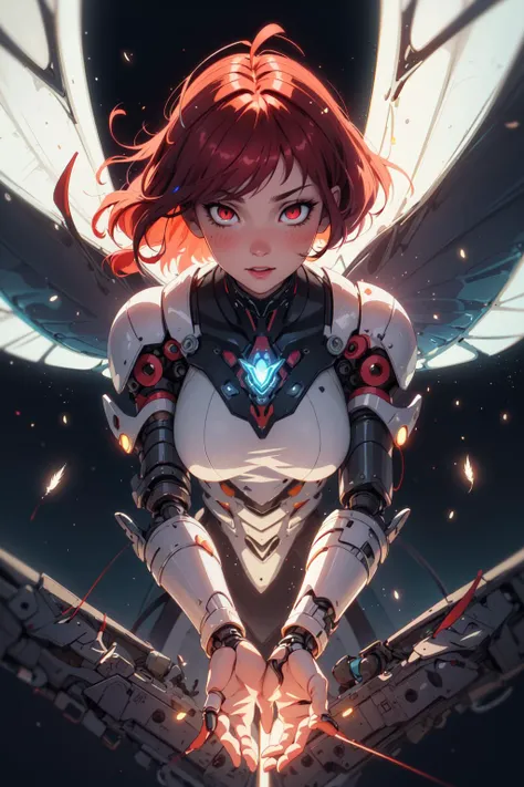 (8k uhd, cinematic lighting, high quality, film grain),1 female ,(( four arms:1.2)), ((black sclera:1.2)),((adult female:1.2)),skistyle, absurdres, entropy, perfection, superb, saffron, stuckle, shiny, perfect light, soft, falling, illustration, fuzzy, fluffy, bluethebone, light blush, halation, rays of light, caustics,moth woman, mothwoman, fur trim, moth wings, red eyes, iridescent, antenna hair, multicolored hair, short hair, inner hair, antenna, feather, fur skin, pale skin, ((mechanical arm)), warmth, inner glow, faith, starry occult, bottom view, epic pose, fur sui