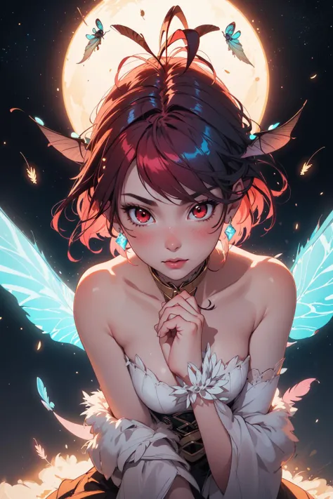 (8k uhd, cinematic lighting, high quality, film grain),1 female , ((black sclera)),((adult female:1.2)),skistyle, absurdres, entropy, perfection, superb, saffron, stuckle, shiny, perfect light, soft, falling, illustration, fuzzy, fluffy, bluethebone, light blush, halation, rays of light, caustics,moth woman, mothwoman, fur trim, moth wings, red eyes, iridescent, antenna hair, multicolored hair, short hair, inner hair, antenna, feather, fur skin, pale skin, four arms, mechanical arm, warmth, inner glow, faith, starry occult, bottom view, epic pose, fur sui