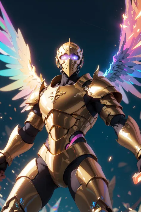 (8k uhd, cinematic lighting, high quality, film grain), gigantic body, muscle-bound body ,man, shiny gold armor, holy crusader, protecting, halt you have violated the law, from below, open hand, showing open hand looking at viewer, 6 wings of light,(Iridescent, holographic, holography):1.5, chromatic abberation