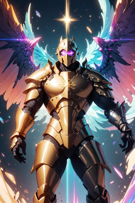 (8k uhd, cinematic lighting, high quality, film grain), gigantic body, muscle-bound body ,man, shiny gold armor, holy crusader, protecting, halt you have violated the law, from below, open hand, showing open hand looking at viewer, 6 wings of light,(Iridescent, holographic, holography):1.5, chromatic abberation