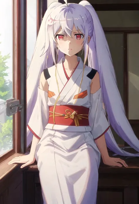 best quality, masterpiece, highres, solo, {isla_plasticmemories:0.90}, {white kimono:1.35}, {red hakama:1.35}, {wide sleeves:1.20}