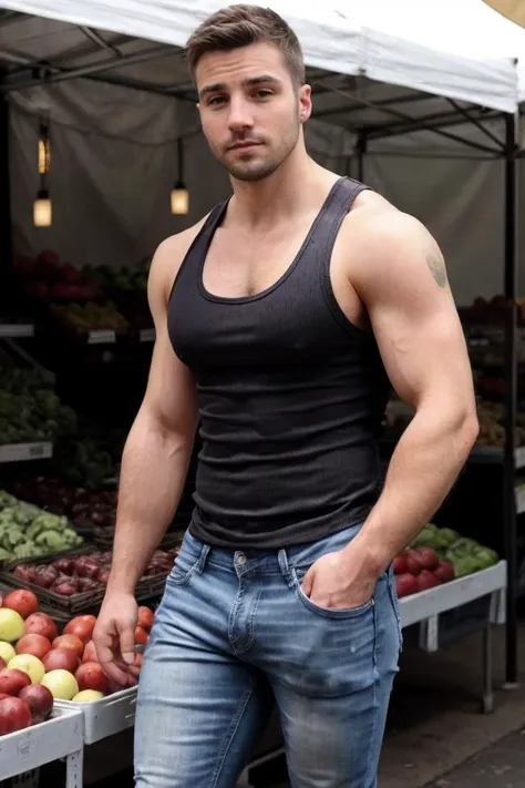 <lora:rs-JordanBrandtLora-06:0.7> JordanBrandt, wearing a tank top and jeans, at the farmers market