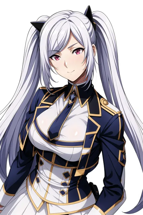 Simple White Background,
military, military uniform, blue jacket,white shirt,black necktie, 
<lora:Alexia_Midgar_Eminence-KK77-V1:0.7>,
red eyes, White hair,bangs,Long_hair,twintails, hair ornament, 
<lora:Oda_Non_Style-KK77-V2:0.3>,<lora:more_details:0.1>,
1 girl, 20yo,Young female,Beautiful Finger,Beautiful long legs,Beautiful body,
Beautiful Nose,Beautiful character design, perfect eyes, perfect face,expressive eyes,perfect balance,
looking at viewer,(Focus on her face),closed mouth, (innocent_big_eyes:1.0),(Light_Smile:0.3),
official art,extremely detailed CG unity 8k wallpaper, perfect lighting,Colorful, Bright_Front_face_Lighting,White skin,
(masterpiece:1.0),(best_quality:1.0), ultra high res,4K,ultra-detailed,
photography, 8K, HDR, highres, absurdres:1.2, Kodak portra 400, film grain, blurry background, bokeh:1.2, lens flare, (vibrant_color:1.2),professional photograph,
(Beautiful,large_Breasts:1.4), (beautiful_face:1.5),(narrow_waist),