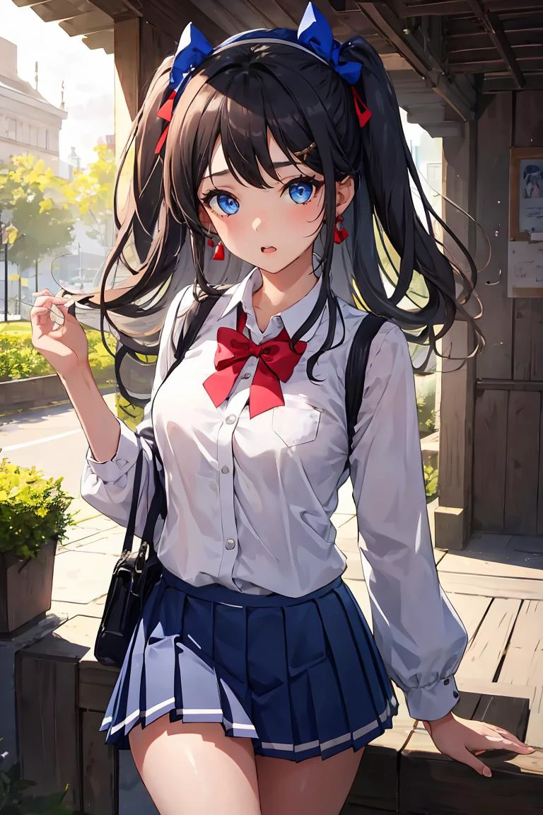 1girl, pleated skirt, ong hair, blue eyes, cute face, <lora:AnimeLeges:1>