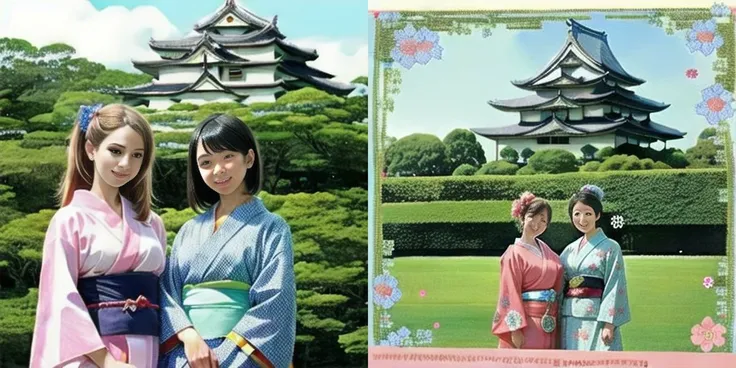 a picture of 2grils standing in kimono in front of a japanese castle ;testtravel2