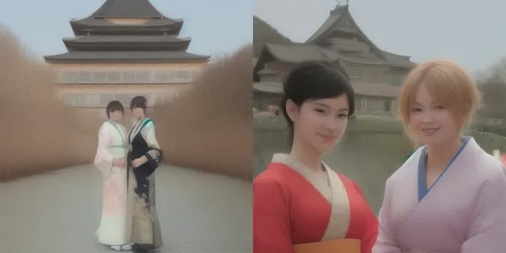 a picture of 2grils standing in kimono in front of a japanese castle ;testtravel2:0.2