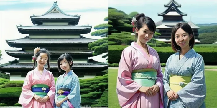 a picture of 2grils standing in kimono in front of a japanese castle ;testtravel2