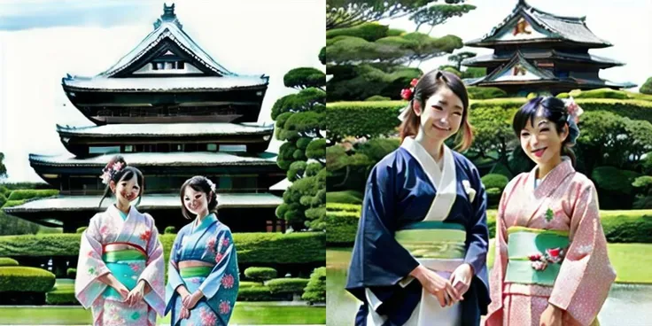 a picture of 2grils standing in kimono in front of a japanese castle ;testtravel2:1.5