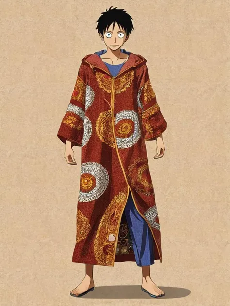 full body, of a masterpiece, Monkey D. Luffy, he is wearing his Futuristic jlby-xl, long Djellaba , It looks Sleek on him, Warmcore, <lora:AJLABIY.safetensors:1>, the background is made of mosaic patterns